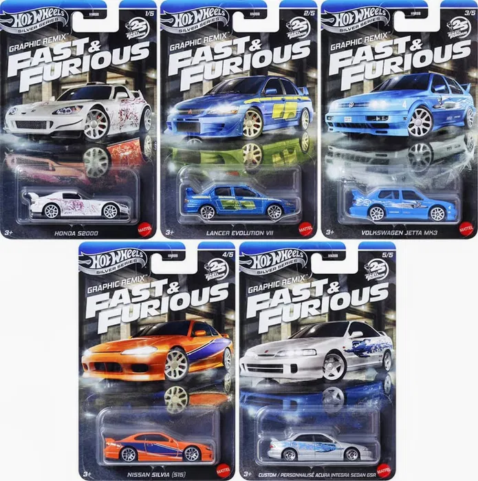 Hot Wheels Zestaw 5 autek Silver Series Fast & Furious Graphic Remix